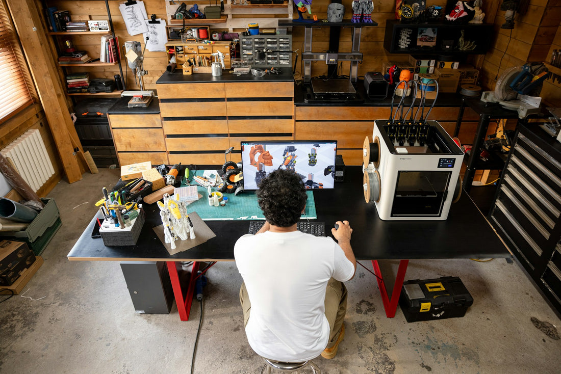 Maker working at a desk with a 3D printer and computer