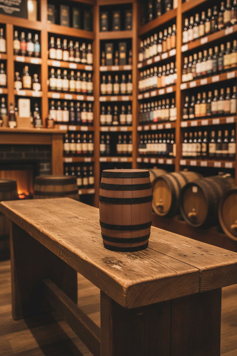 Wooden barrel with black bands on a white fabric background